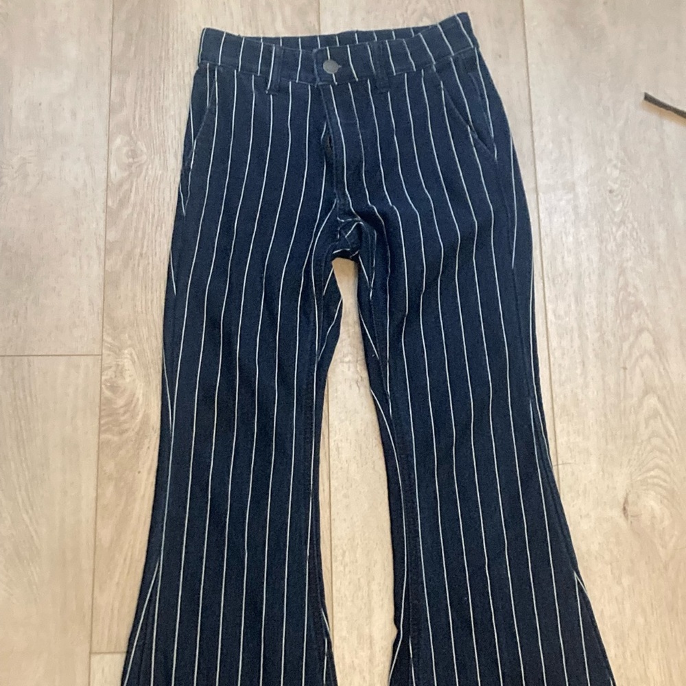 Navy stripe flare crop pants